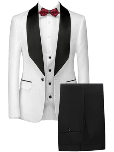 Men's 3 Pieces Suit Jacquard Jacket Vest and Solid Pants Single Breasted Tuxedos for Wedding Banquet