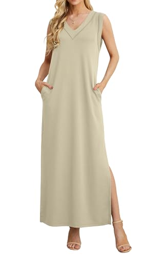 GRECERELLE Womens Dresses Summer Maxi Long Dress with Pockets V Neck Casual Dress for Women Elegant Ladies Holiday Sleeveless Split Hem (Apricot, M)