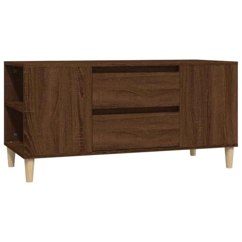 Favemtsl Mueble bajo para TV, roble marrón, 102 x 44,5 x 50 cm, madera maciza de eucalipto, diseño escandinavo, mesa de televisión con 4 compartimentos, 2 cajones, para salón, pasillo, dormitorio