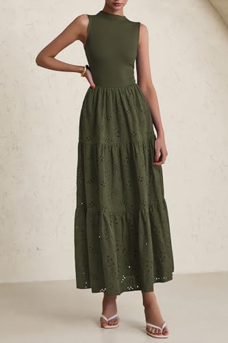 Image of PRETTYGARDEN Summer Dresses for Women 2026 Casual Eyelet Sleeveless Wedding Guest Maxi Dress Tank Top Sundress with Pockets