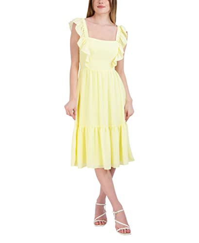 Bcbgeneration Women's Fit And Flare Ruffle Strap Square Neck Tie Back Midi Dress, Banana, Medium #TOP16