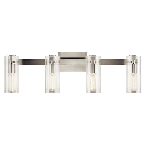 Image of Kichler Jemsa 4-Light Bathroom Vanity Light Fixture with Clear Fluted Glass in Brushed Nickel, Modern Wall Mount Light for Bathroom or Powder Room (9.75 inch x 32 inch), 55169NI
