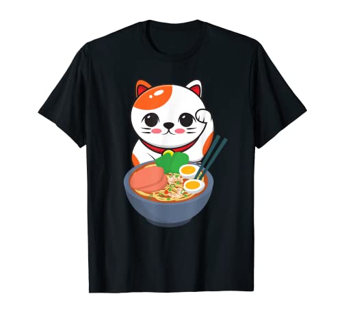 Maneki Neko Lucky Cats Japonés Kawaii Ramen Anime Camiseta