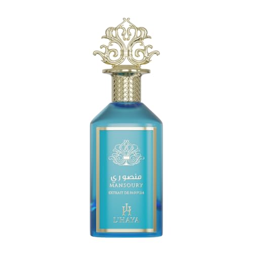 L'Haya Mansoury Extrait de Parfum, Luxury Middle Eastern Fragrance, Turquoise Blue Glass Bottle with Gold Crown Cap, 3.4 Fl Oz, 100ml