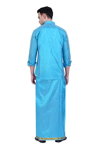 Image of PRAKASAM COTTON-Mens Art Silk Wedding Set /Art Silk 8 Mulam (8-Yard) Dhoti and Stitched Shirt for mens