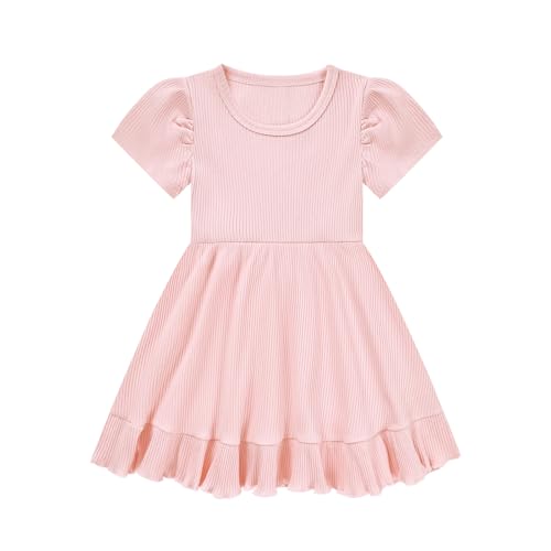 Little Girl Summer Dress Girls Puff Short Sleeve Ruffle Dress Solid Color A-Line Dresses 3-8 Years