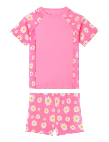 Image of Girls Swimsuit 2 Piece Rash Guard Set Short Sleeve Bathing Suits UPF 50+ Summer Beach Swimwear