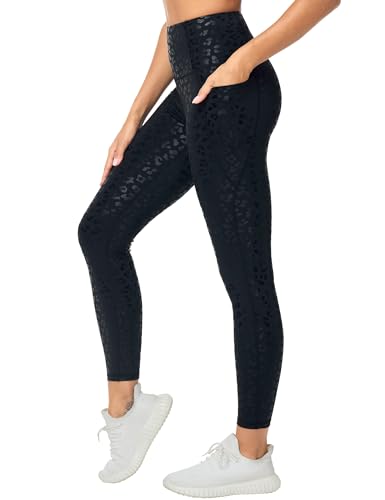THE GYM PEOPLE Leggings Damen High Waist mit Taschen - Weiche Bauchweg Leggins für Damen, Lange Sportshose für Yoga Fitness/Black Leopard/S