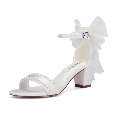Bow Heels Pearl Wedding Shoes for Bride Low Block Heel Wedding Sandals Open Toe Bridal Shoes