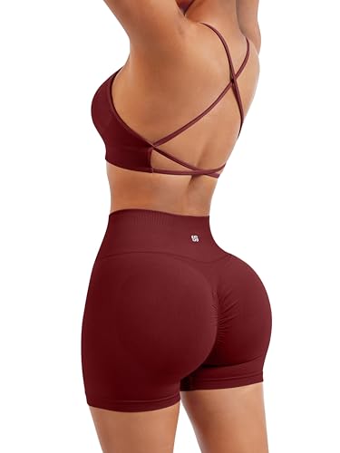 Image of SUUKSESS Women Seamless Workout Sets Strappy Sports Bra High Waist Booty Shorts Outfits