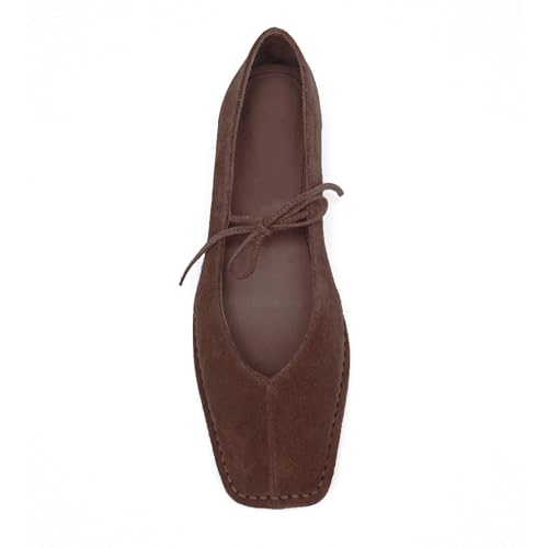 XBKXMK Lace Up Ballet Flats for Women Bow Square Toe Mary Jane Flats Cute Slip On Leather Ballerina Flat Shoes