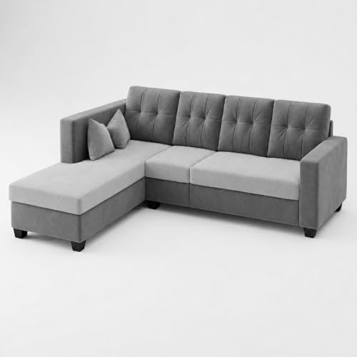 Image of FURNY Nathan 5 Seater L Shape Sofa Set LHS (Light Grey-Dark Grey) | Suede Velvet Finish | Durable Comfort Sofa for Modern Living Room & Office Spaces