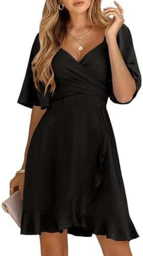 Dokotoo Women&#39;s Wrap V Neck Short Flared Sleeve Wedding Guest Dress Smocked Elastic Waist Tiered Belted Ruffle Hem Mini Dress