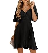 Dokotoo Women's Wrap V Neck Short Flared Sleeve Wedding Guest Dress Smocked Elastic Waist Tiered ...