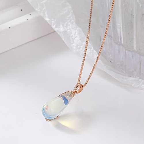 Moonffay 18K Rose Gold Plated Teardrop Created Opal Pendant Necklace For Women Girls Dainty Gemstone Birthstone Tear Drop Necklace Diamond Pear Shaped Jewelry (White) #TOP2