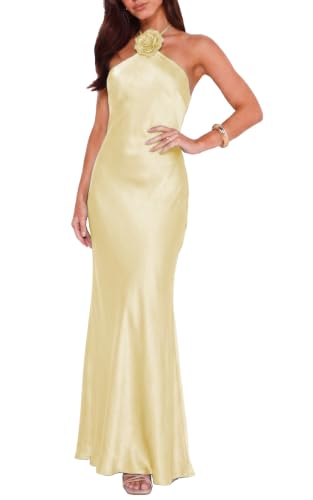 bymorel - Bymorel Satin Halter Maxi Dress for Women - Formal Wedding Guest Midi Dress - Best Deal on Amazon