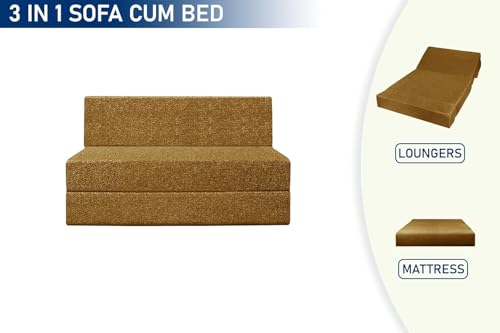 Image of Foldable 1 Seater Sofa Cum Bed, Sofa Bed 3 X 6 Feet, Jute Fabric- Washable Cover- Including One Cushion Perfect for Home & Office - Golden Color