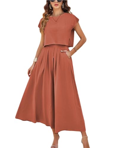 HangNiFang Summer Skirt Sets Women 2 Piece Outfits Cap Sleeve Top Elastic Waist Lightweight Maxi Dress Sets with Pockets