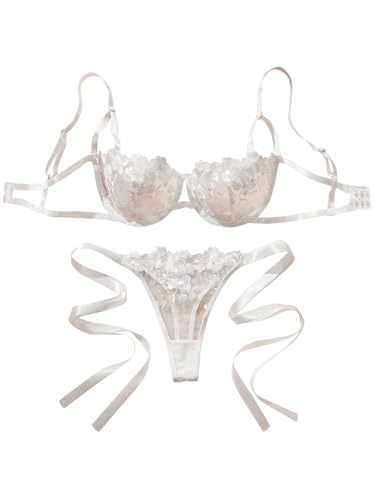 Image of Lilosy Sexy Tie Side Cute Underwire Push Up Strappy Embroidered Mesh Sheer Lingerie Set