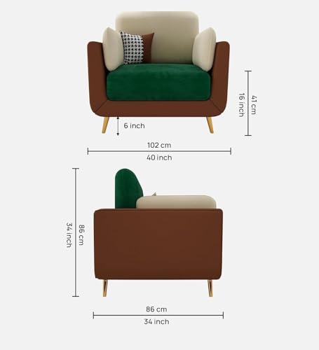 Image of Modern & Luxury Cushioned Couch Relax sectional Sofa in Fabric & Velvet and Heavy Duty Sofa Ideal for bedrooms, Living Rooms, Guest Rooms and Office-(One Seater Green & Beige).