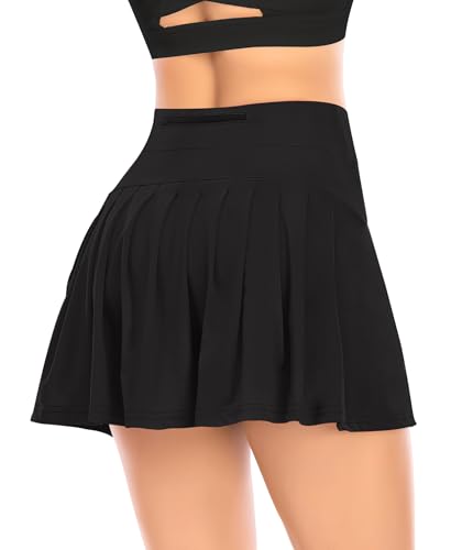 JoyGirl Tennisrock Damen mit Hose Faltenrock Hohe Taille Hosenrock Kurz Sport Golf Rock Workout Laufen Tennis Skirt mit Taschen (Schwarz M)