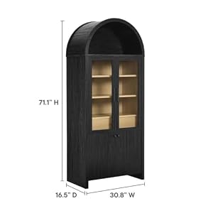 Modway Evie Arched Display Cabinet in Black Oak Modern Tall Storage Cabinet with Shelves Sophisticated Glass Door Bookcase Elegant Living Room and Hallway Accent Cabinet