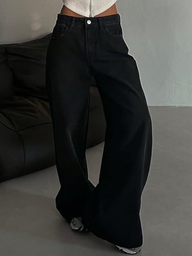 Image of Shasmi Women's Black Wide Leg Baggy Jeans | Loose Fit Denim Pants for Women | High Rise Streetwear | Casual Oversized Wide Leg Denim | Korean Style Baggy Trousers with Pockets (Jeans 296)