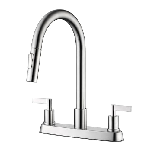 LEXAWOOD 2-Handle Kitchen Faucet with Pull Down Sprayer for 3-Hole Sink, 8-Inch Centerset Kitchen Sink Faucet with Water Lines Brushed Nickel