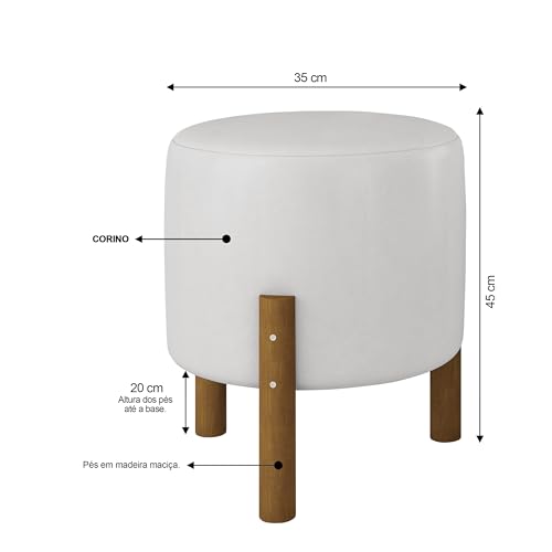 Puff Redondo Decorativo Multiuso Apollo com Pés em Madeira Maciça Corino (Corino Branco)