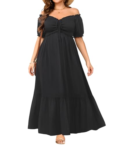 Black Dress Plus Size Summer Off Shoulder Puff Sleeve Smocked A Line Boho Maxi Flow Long Sundresses Women Wedding Guest