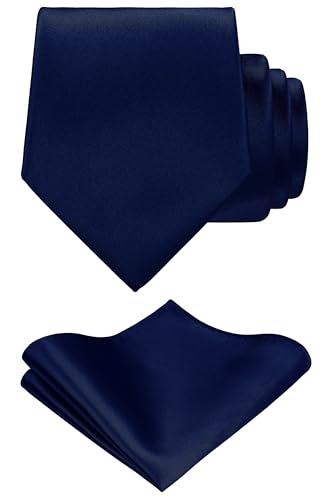 TIE G Solid Satin Woven dyed Color Formal Black Necktie and Pocket Square Sets in Gift Box (Dark Navy)