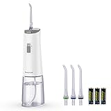Irrigador Dental, Sawgmore Irrigador Bucal Portatil Alimentadas Por Batería con 4 Boquillas, 360º Giratoria Impermeable Water Flosser para Viajes/Familia (Blanco)