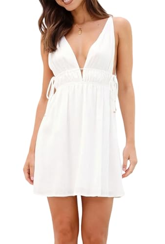 Image of R.Vivimos Boho Dresses for Women 2026 Summer Sleeveless Sexy Deep V Neck Elastic Waist Sides Drawstring Tie Casual Mini Dress