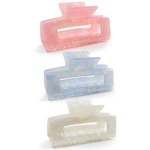 Bgffuy 3PCS Large Hair Claw Clips for Thick Hair - 4 Inch Acrylic Strong Hold Non-Slip Barrettes Hair Clamps for Women - Big Rectangle Hair Clips for Curly Hair, Updo, Bun, Ponytail (white&blue&pink）