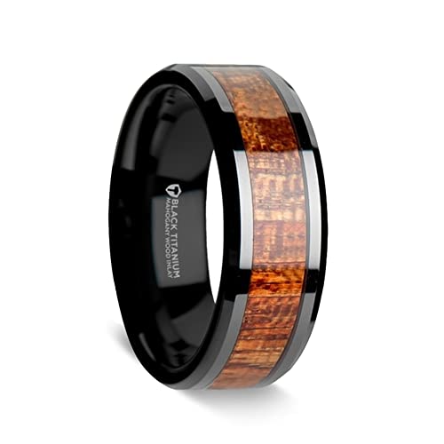 Roy Rose Jewelry Mens Black Titanium Exotic Mahogany Hard Wood Inlay Wedding Ring - Polished Bevels Comfort Fit - 8mm Wide - Style Name: Dominica - Ring Size 10