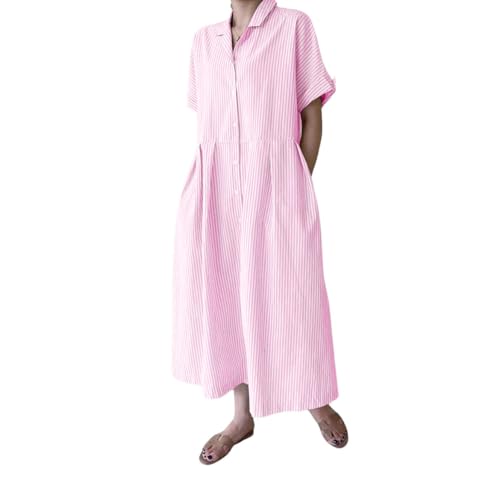 Image of chouyatou Women's Cotton Striped Shirt Dress Button Up Short Sleeve Midi Long Shift Dress with Pockets