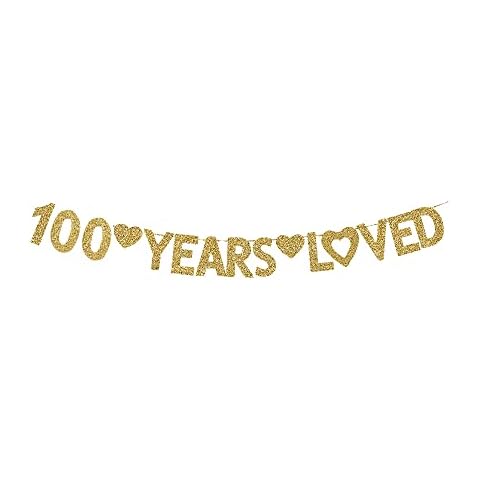 100 Year Loved Banner, Gold Glitter Happy 100th Birthday Party Decorations Cover