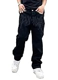 ORANDESIGNE Men Hip Hop Jeans Baggy Straight Leg Gewaschen Jeanshose Casual Denim Hosen Vintage Bedruckte Jeans Teenager Jungen Skateboard Hose Streetwear ZE Schwarz S