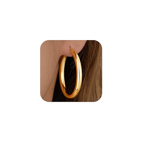 5 MM Wide Thick Chunky Gold Hoop Earrings for Women Trendy, Hypoallergenic Large Big Hoops with Sterling Silver Posts, Lightweight Hollow Tube Real Gold Hoop Jewelry 30/40/50/60/70 MM