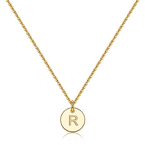 TINGN Colliers avec InitiaLes en or 14 Carats, Remplis d'Or 14 Carats, Personnalisés, Gravés à la Main, Gravés sur Les Deux Côtés, avec InitiaLes, pour Femmes, Enfants, Bijoux, Cadeaux, Pendentif R Cover