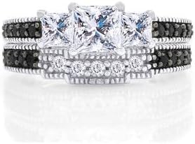 Jewels by Parijaat 2 Cttw Princess Cut Created Black and White Diamond Three Stone Wedding Bridal Ring with Band Set In 14K White Gold Over 925 Sterling Silver