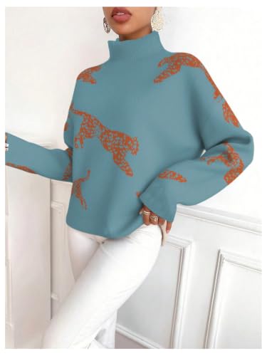 Image of WDIRARA Women's Leopard Tiger Print Sweater High Neck Long Sleeve Fuzzy Knitted Pullover Top