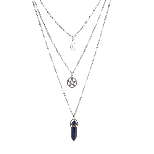 QCZJ Halskette ,Damen Herren Mond Pentagramm Choker Healing Edelstein Bunt Kristall Hexagon Chakra Anhänger Layered Kette Freundschaftsketten Geschenk Cover