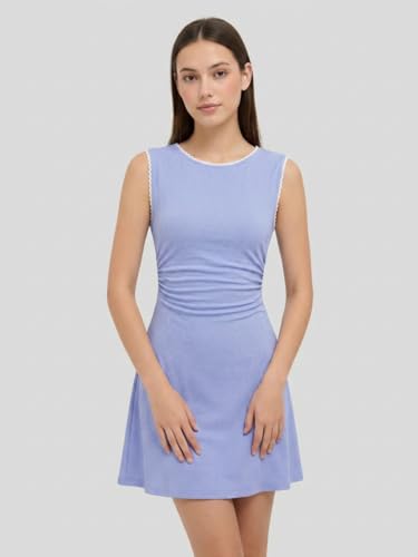 Image of CIDER Women's Summer Mini Dress Boat Neck Sleeveless Ruched Tie Back Cute Casual Dresses Nightgown Outfits Trendy