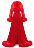 Feather Robe for Women Bridal Dressing Gowns Silk Satin Luxury Fur Trim Maternity Gown Lingerie Long Wedding Scarf Party Nightgown Red S/M