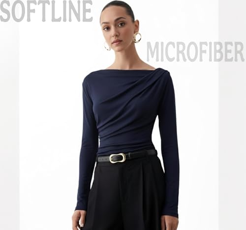 Image of SIGHTBOMB SOFTLINE Asymmetric Boat Neck FRONTFLOW Gathered Waterfall Afford LUX Edition Formal WEAR Long Sleeve Feather Touch TOP for Women