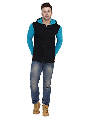 Image of Geum Men's Full Sleeve Hooded T-Shirt with Button-Down Front | Casual Slim Fit Cotton Shirt-Style Tee