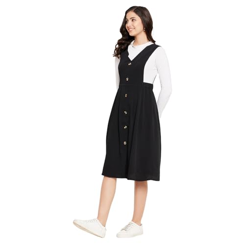 Image of WineRed Women Black Soild Pinafore Dress with Button