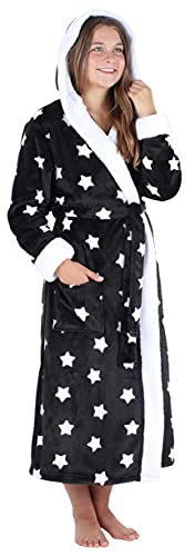 PajamaMania Women's Plush Fleece Long Bathrobes, Hooded Sherpa-Lined Robes