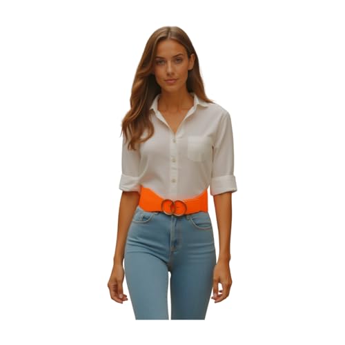 TrendyFashionJewelry Women Fashion Wide Waistband Belt Waist Hip Gold Metal Circle Buckle S M Neon Orange z0144